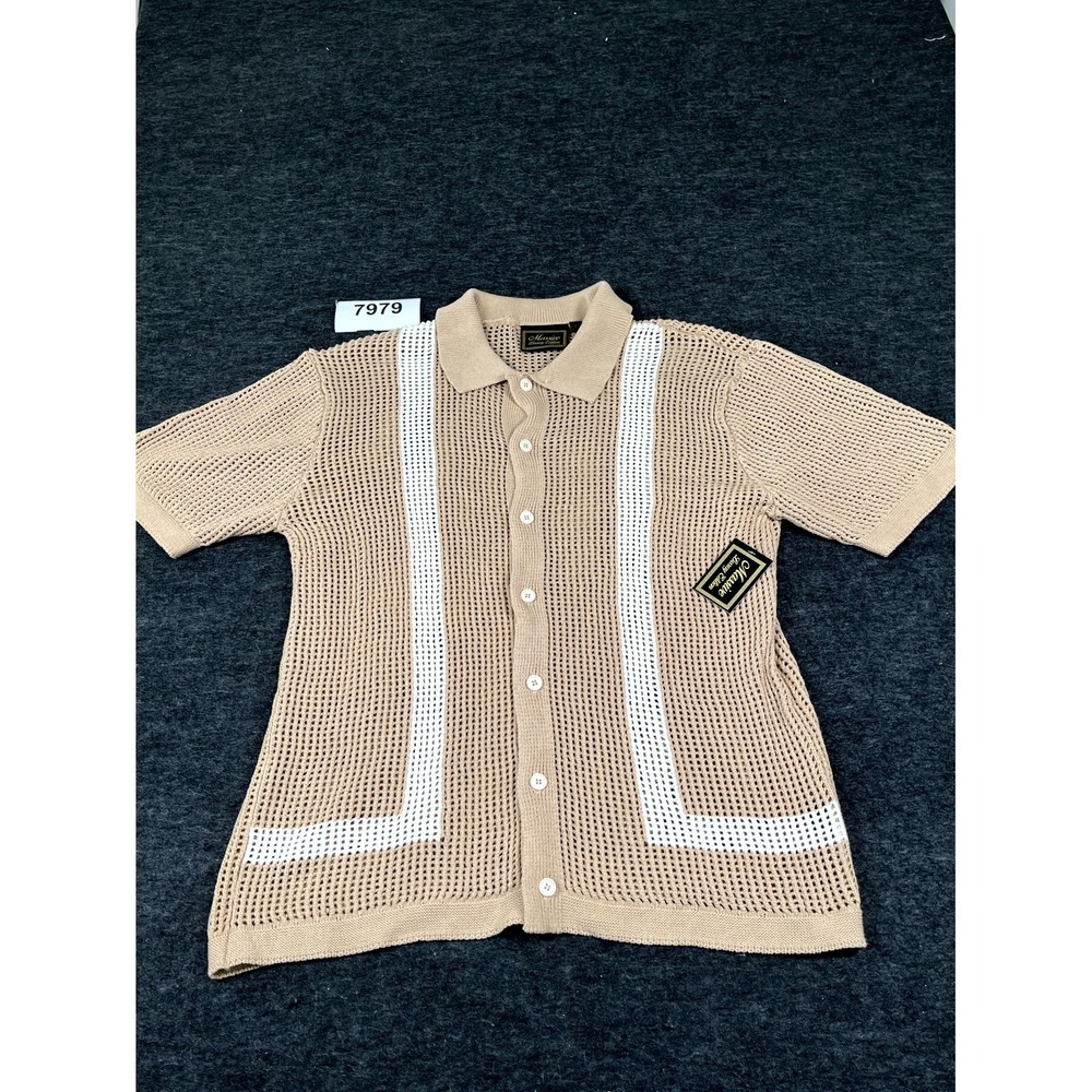 Massive Luxury Edition Shirt Mens XL Beige White Open Knit Button Up Casual
